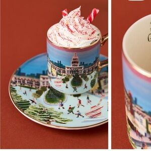 Holiday in the city stoneware Festive Cityscape Mug and plate set- Austin TX new